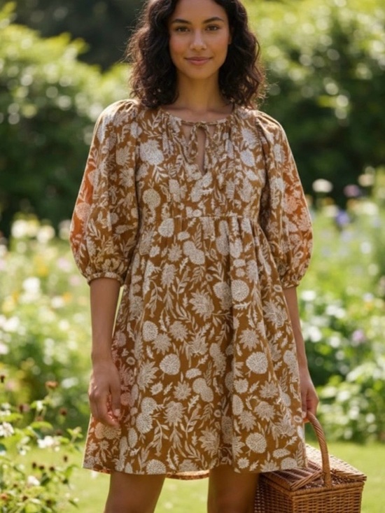 Universal Thread Dresses & Skirts - Universal Thread Sz XL Raw Umber Brown Floral Puff-Sleeve Cotton Mini Dress